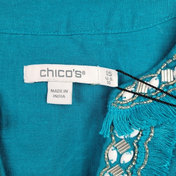 Chico's Women's Ecru 100% Linen Embellished Cap Sleeve Dress Sz 10 - Picture 8 of 15